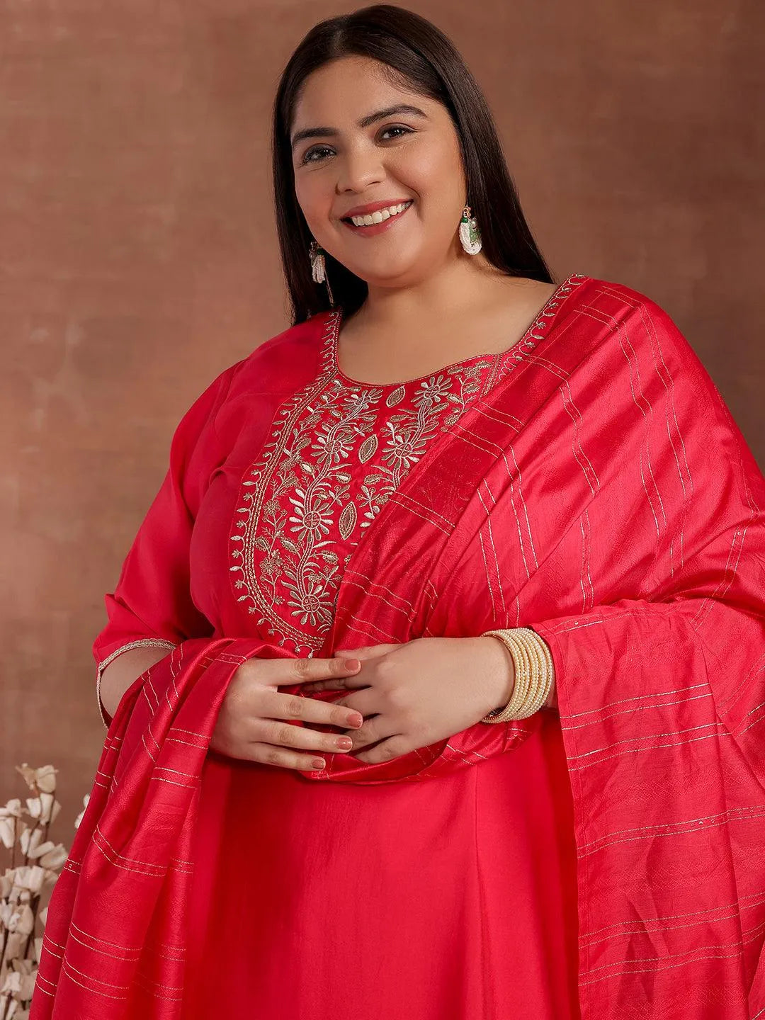 Plus Size Pink Yoke Design Silk Blend Straight Suit With Dupatta - Libas 