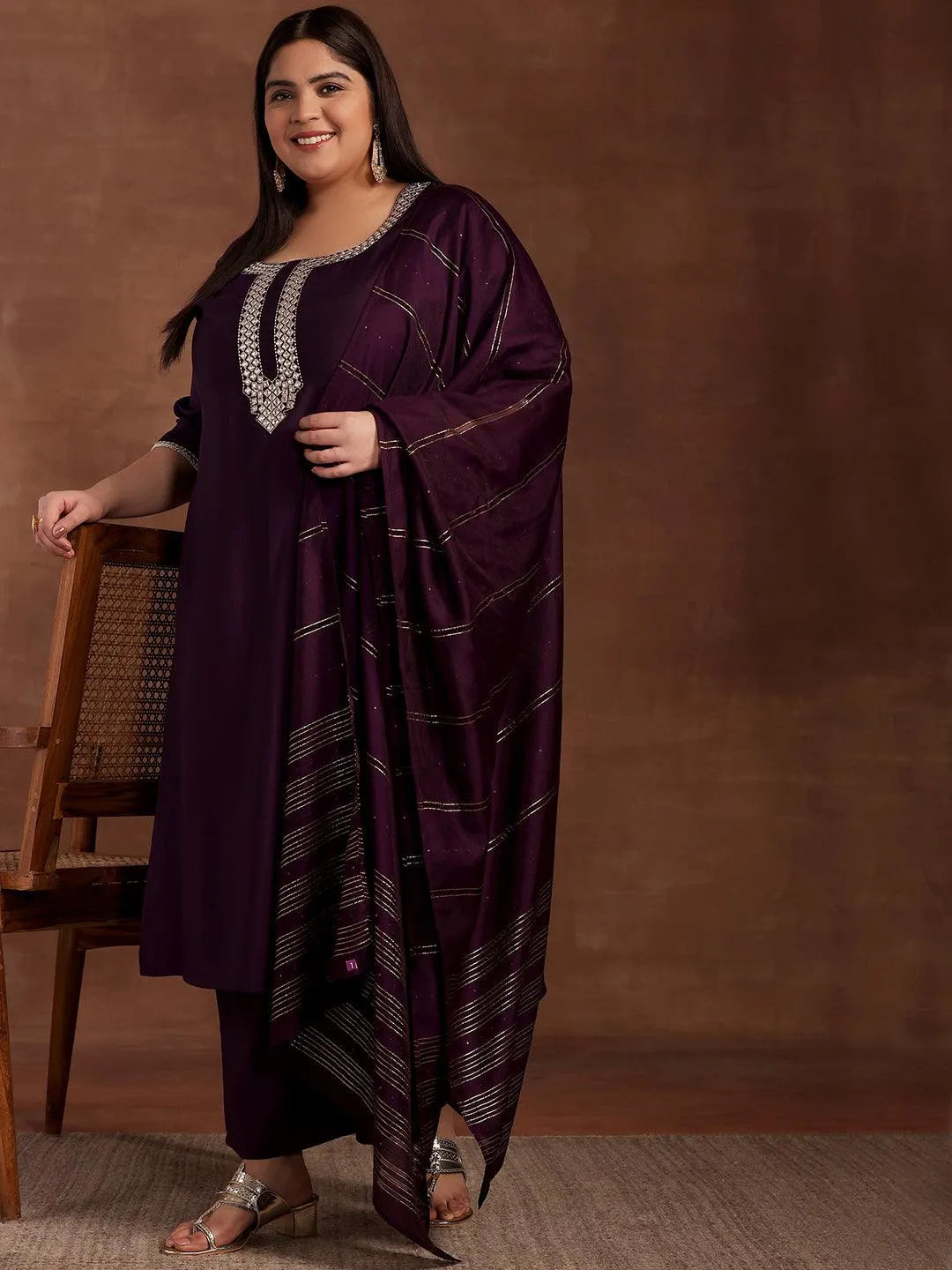 Plus Size Purple Embroidered Silk Blend Straight Suit With Dupatta - Libas 