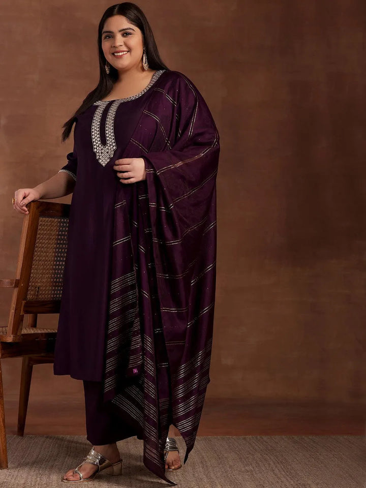 Plus Size Purple Embroidered Silk Blend Straight Suit With Dupatta - Libas