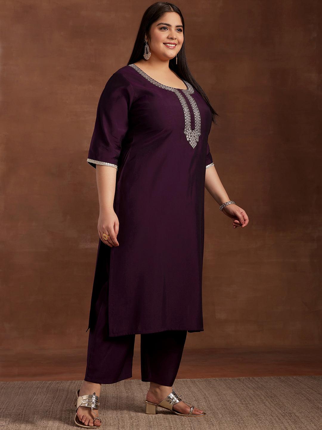 Plus Size Purple Embroidered Silk Blend Straight Suit With Dupatta