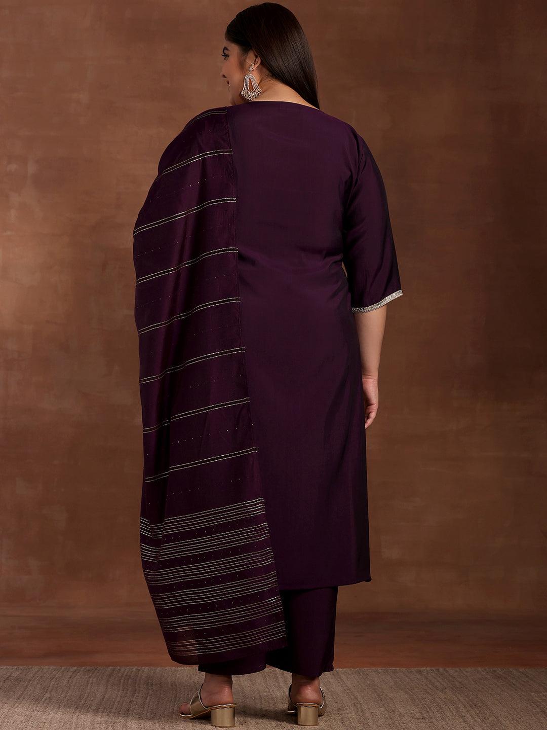 Plus Size Purple Embroidered Silk Blend Straight Suit With Dupatta