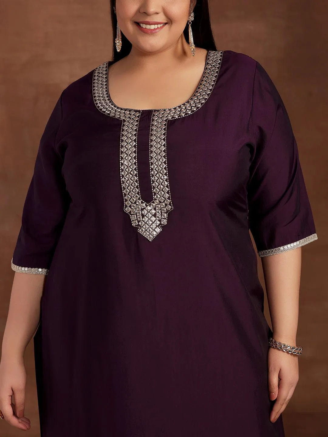 Plus Size Purple Embroidered Silk Blend Straight Suit With Dupatta - Libas 