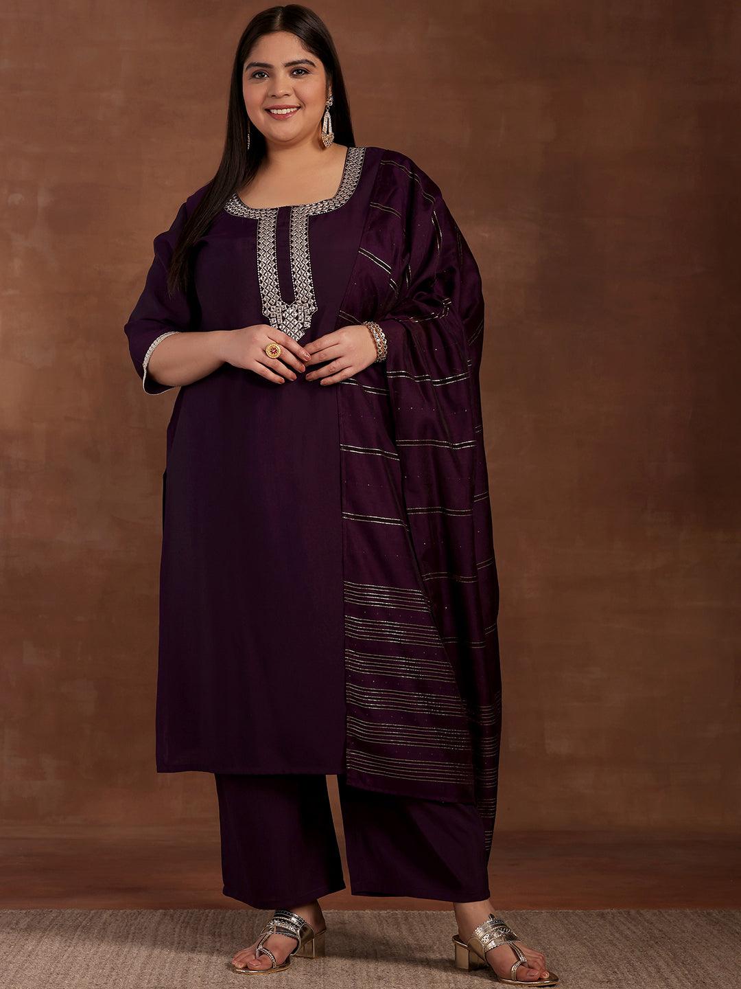Plus Size Purple Embroidered Silk Blend Straight Suit With Dupatta - Libas