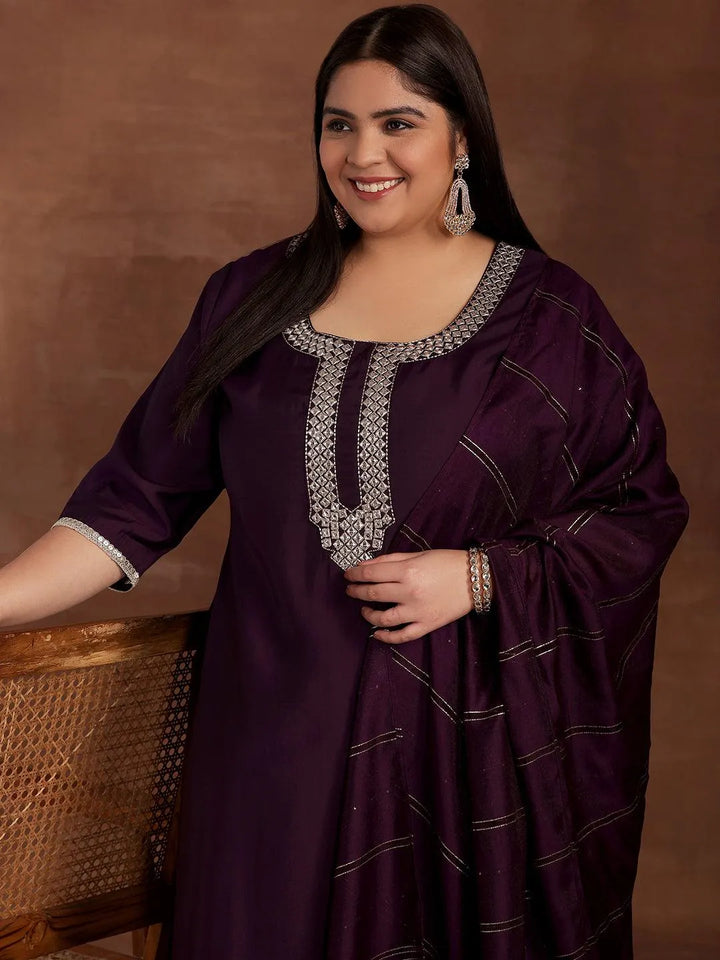 Plus Size Purple Embroidered Silk Blend Straight Suit With Dupatta - Libas