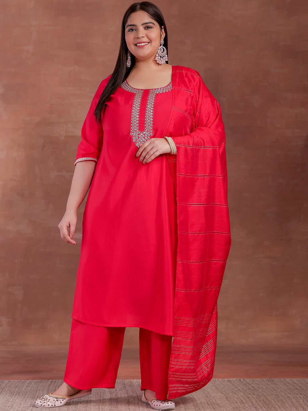 Plus Size Pink Embroidered Silk Blend Straight Suit With Dupatta - Libas