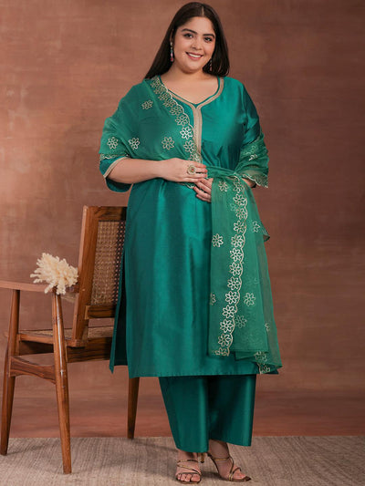 Plus Size Green Solid Silk Blend Straight Suit With Dupatta - Libas