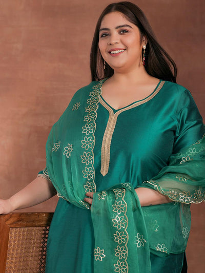 Plus Size Green Solid Silk Blend Straight Suit With Dupatta - Libas