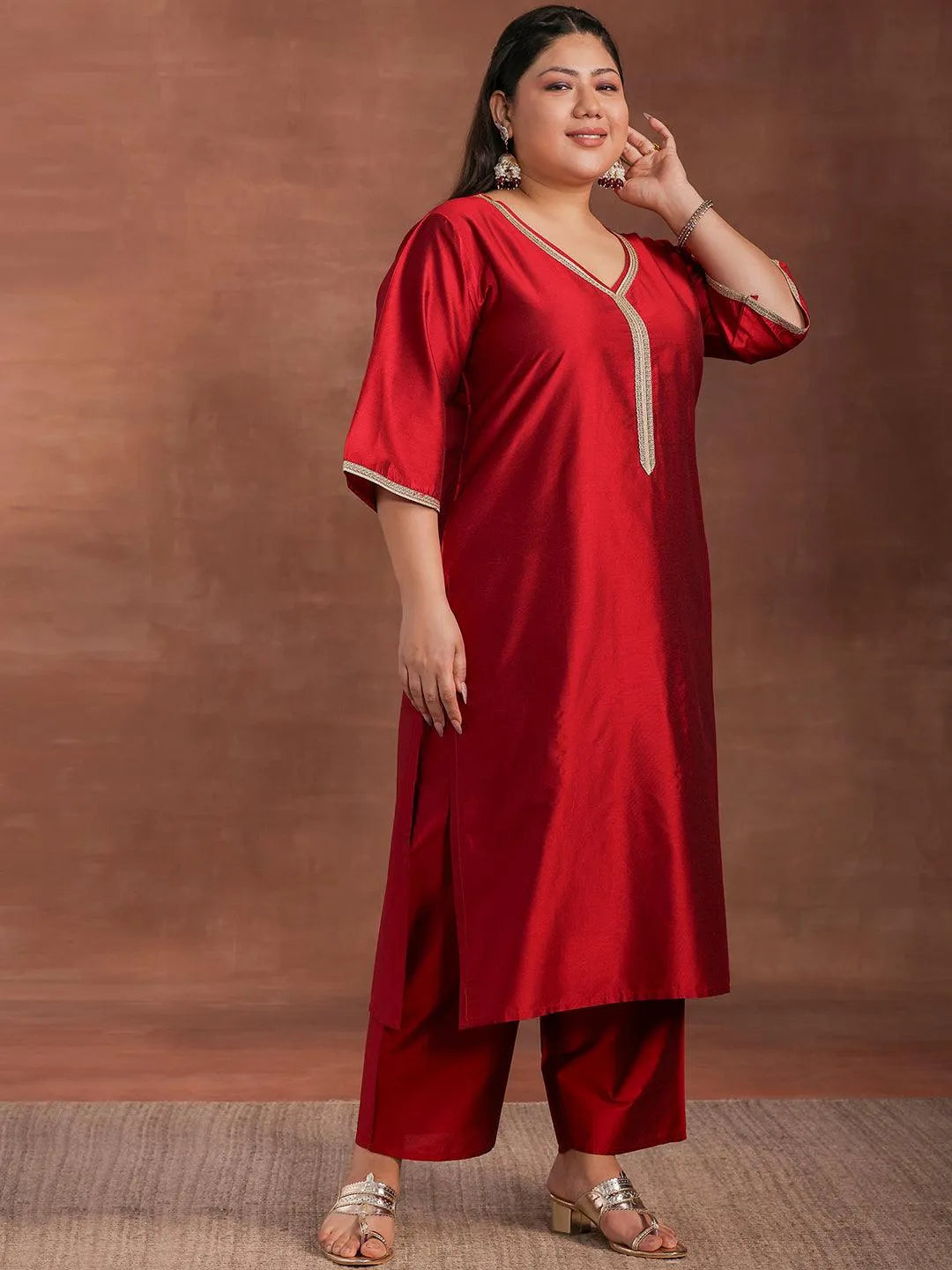 Plus Size Maroon Solid Silk Blend Straight Suit With Dupatta - Libas 