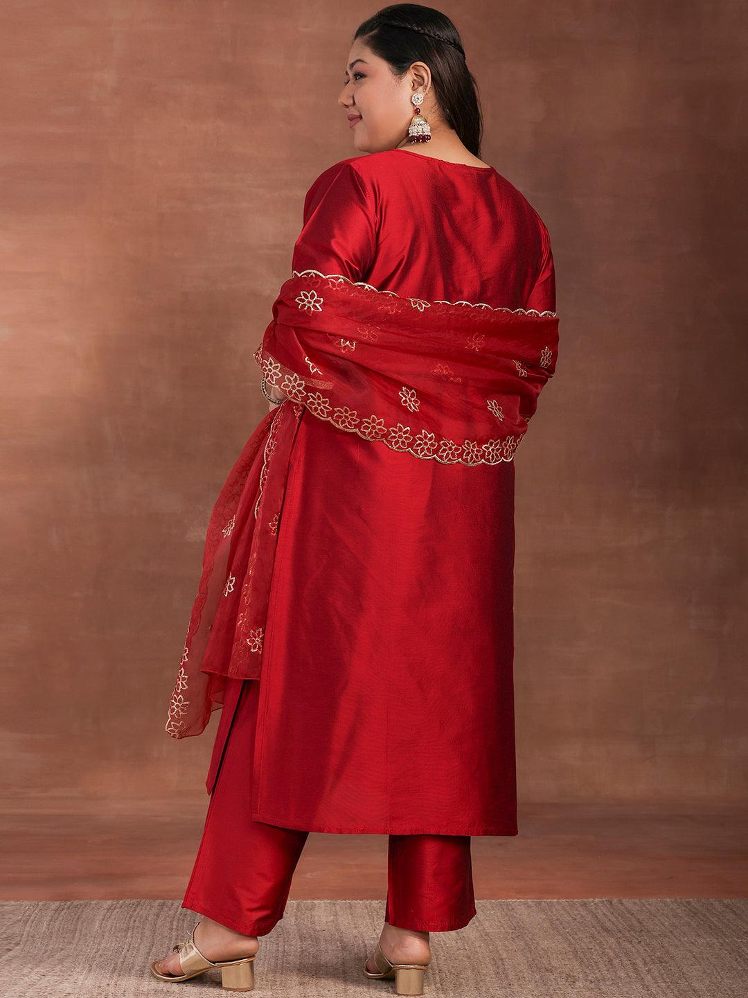 Plus Size Maroon Solid Silk Blend Straight Suit With Dupatta - Libas