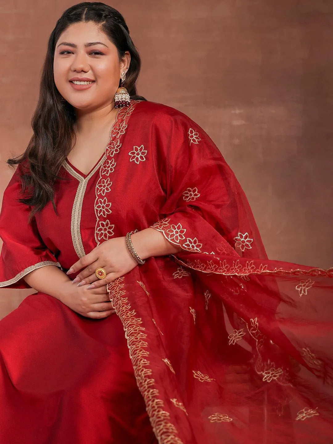 Plus Size Maroon Solid Silk Blend Straight Suit With Dupatta - Libas 