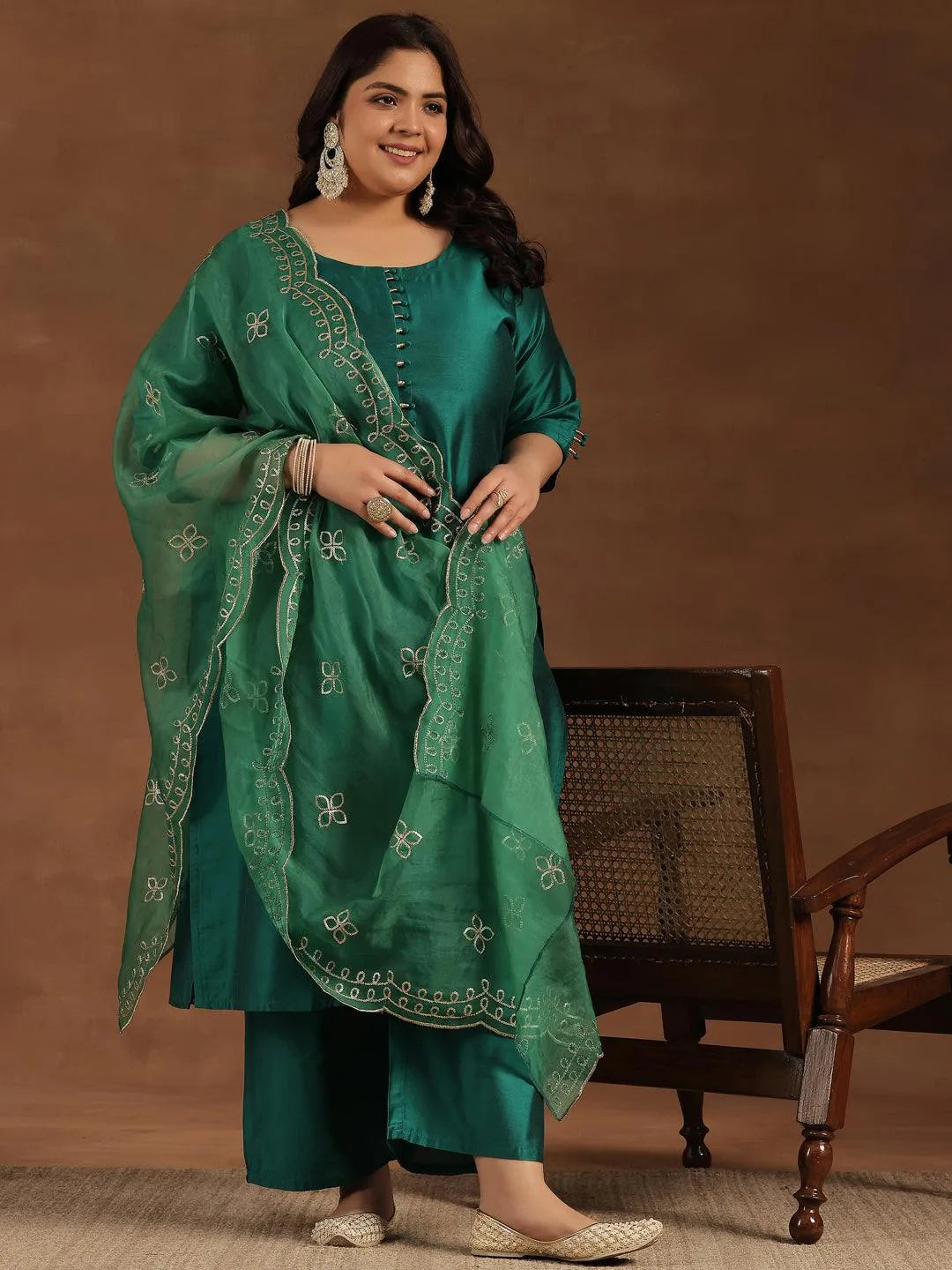 Plus Size Green Solid Silk Blend Straight Suit With Dupatta - Libas 