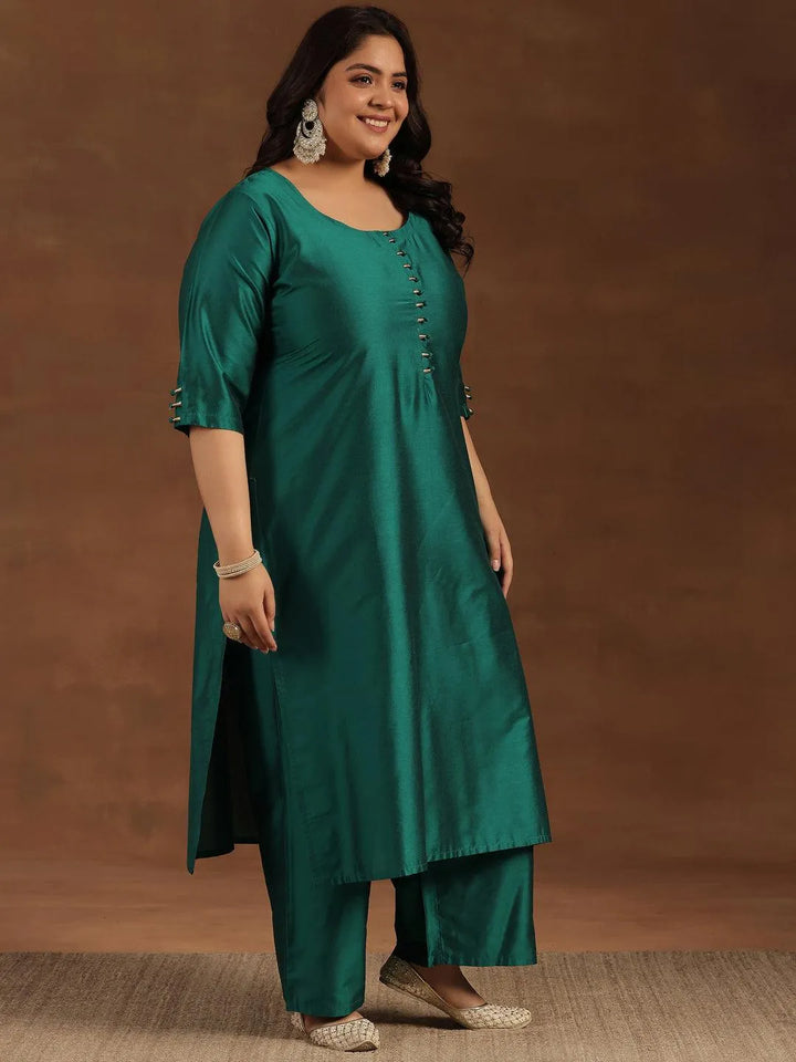 Plus Size Green Solid Silk Blend Straight Suit With Dupatta - Libas