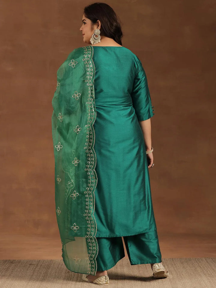 Plus Size Green Solid Silk Blend Straight Suit With Dupatta - Libas