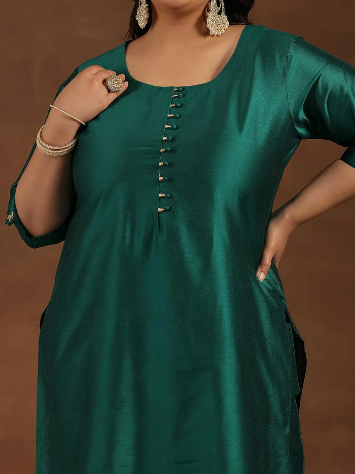 Plus Size Green Solid Silk Blend Straight Suit With Dupatta - Libas