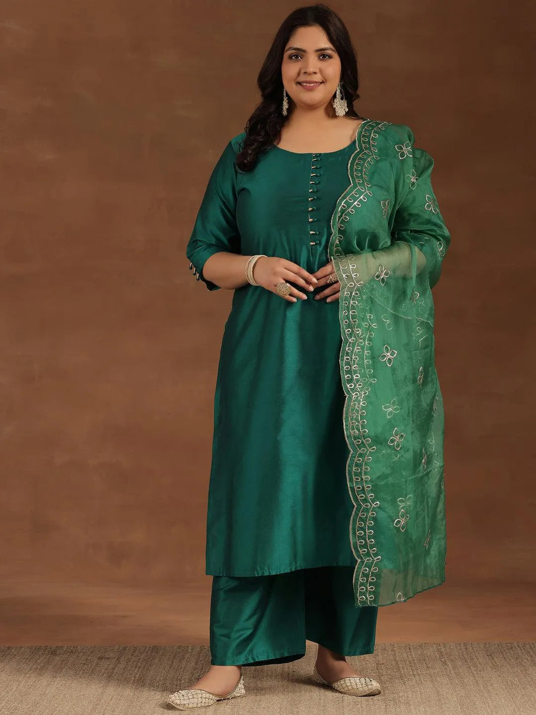 Plus Size Green Solid Silk Blend Straight Suit With Dupatta - Libas 
