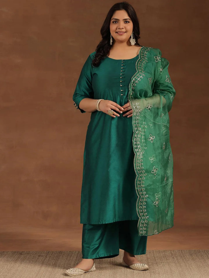 Plus Size Green Solid Silk Blend Straight Suit With Dupatta - Libas
