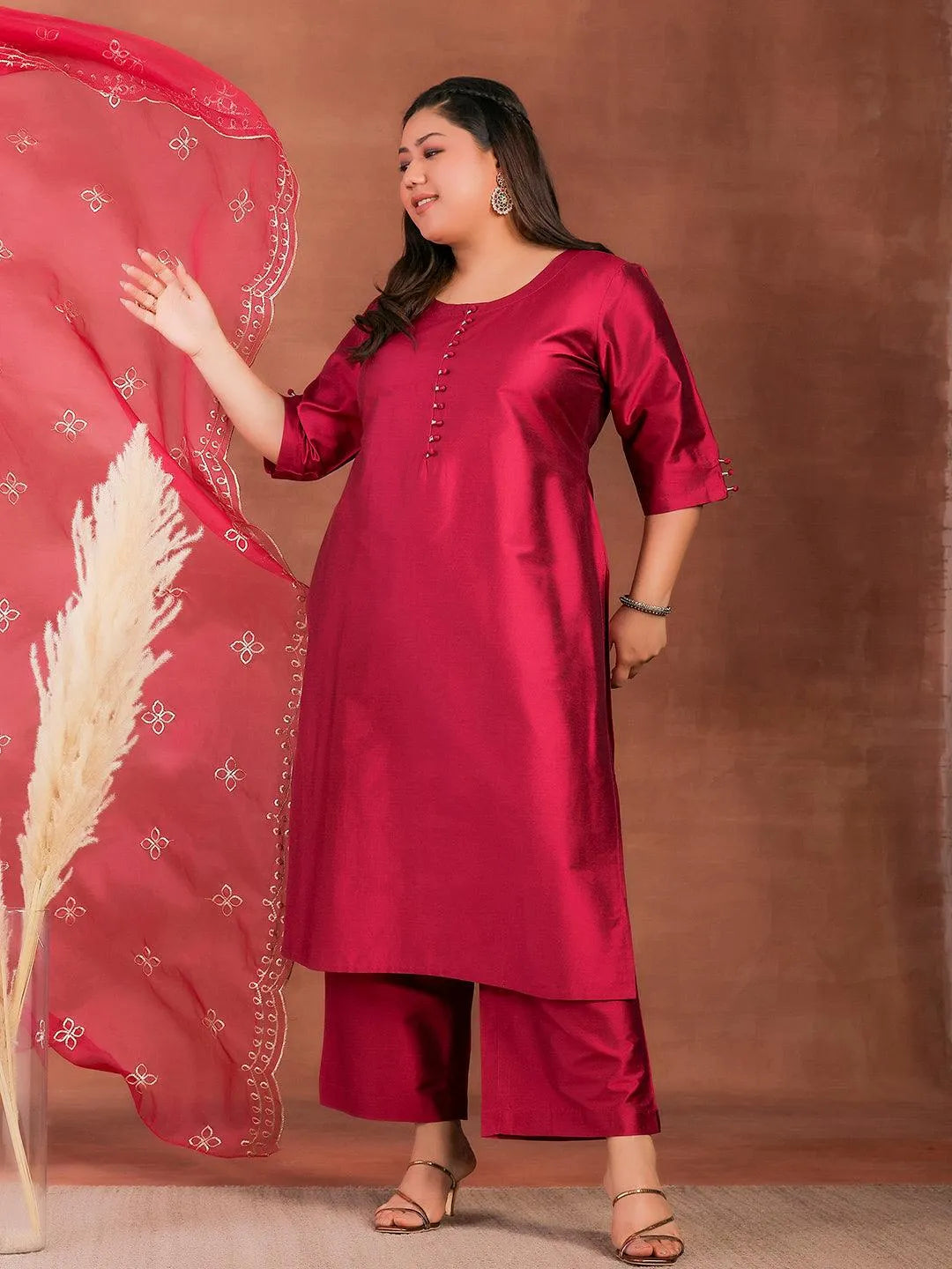 Plus Size Magenta Solid Silk Blend Straight Suit With Dupatta - Libas