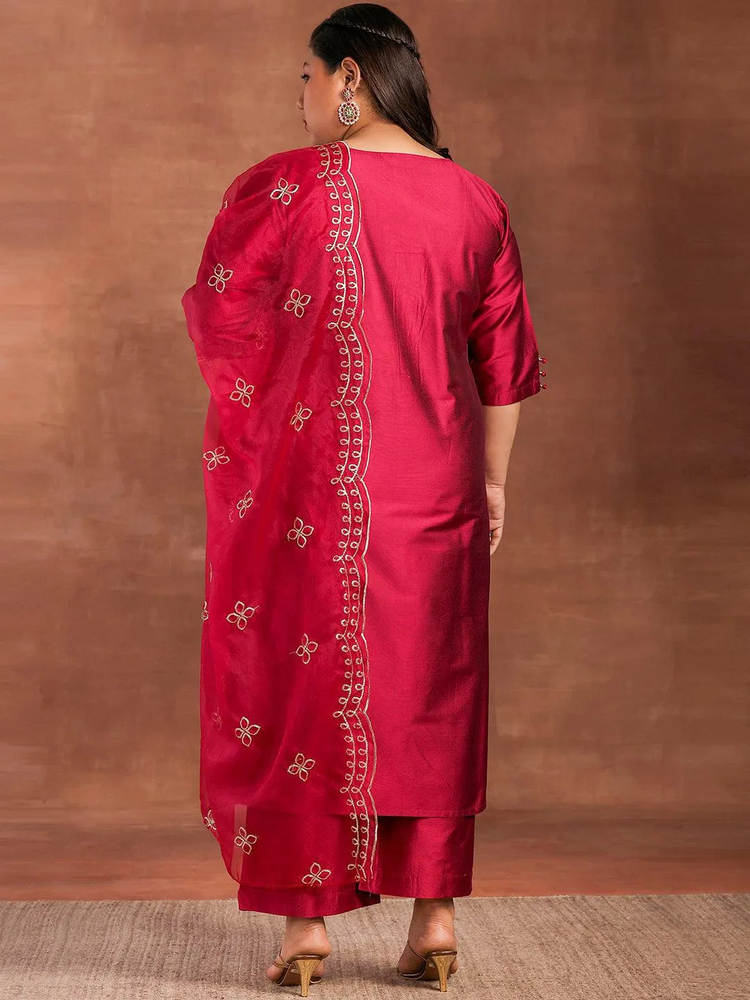 Plus Size Magenta Solid Silk Blend Straight Suit With Dupatta - Libas