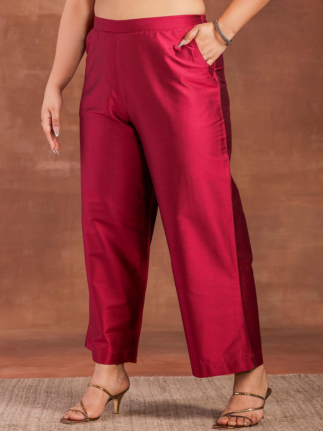 Plus Size Magenta Solid Silk Blend Straight Suit With Dupatta - Libas
