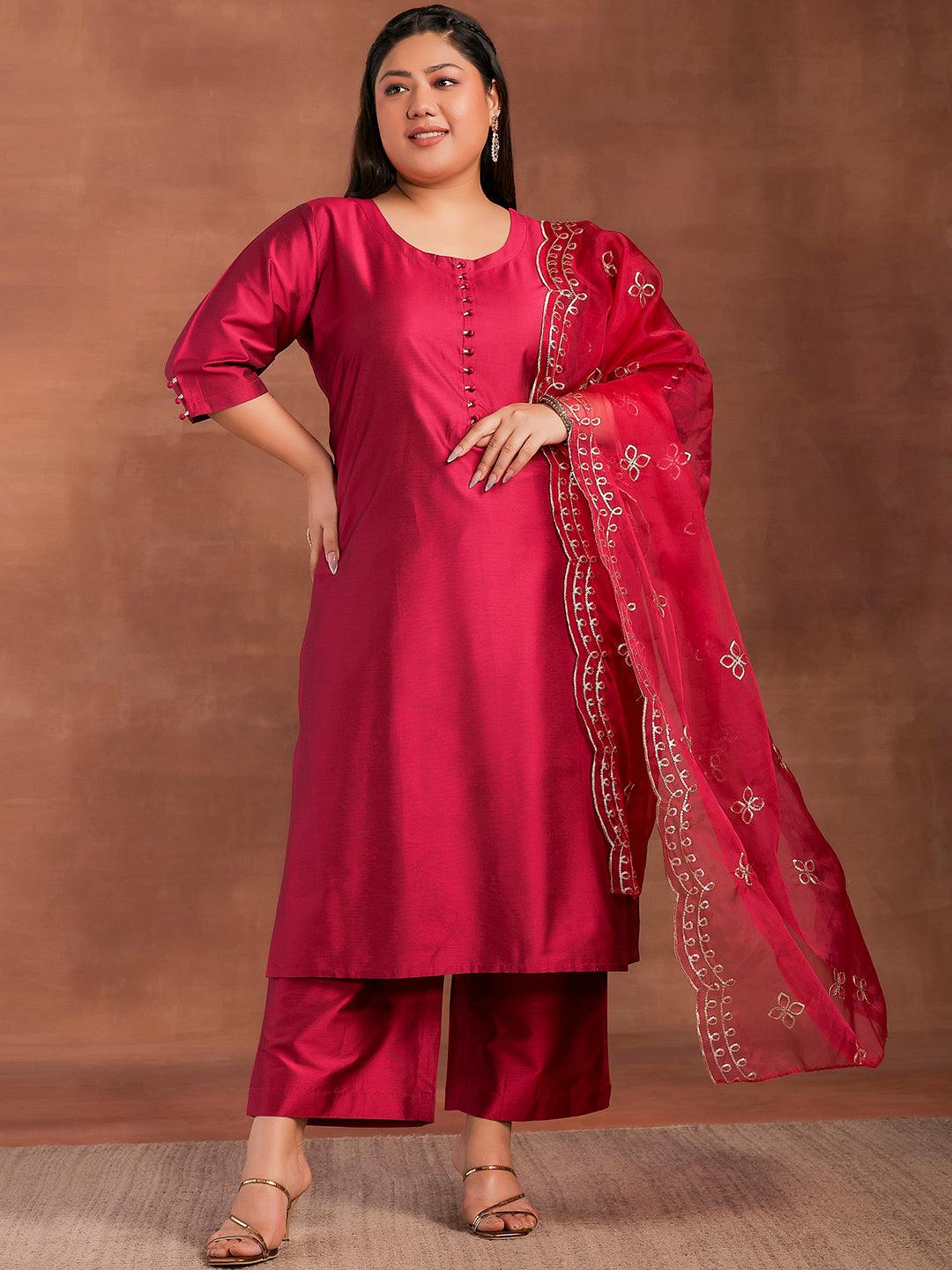 Plus Size Magenta Solid Silk Blend Straight Suit With Dupatta - Libas