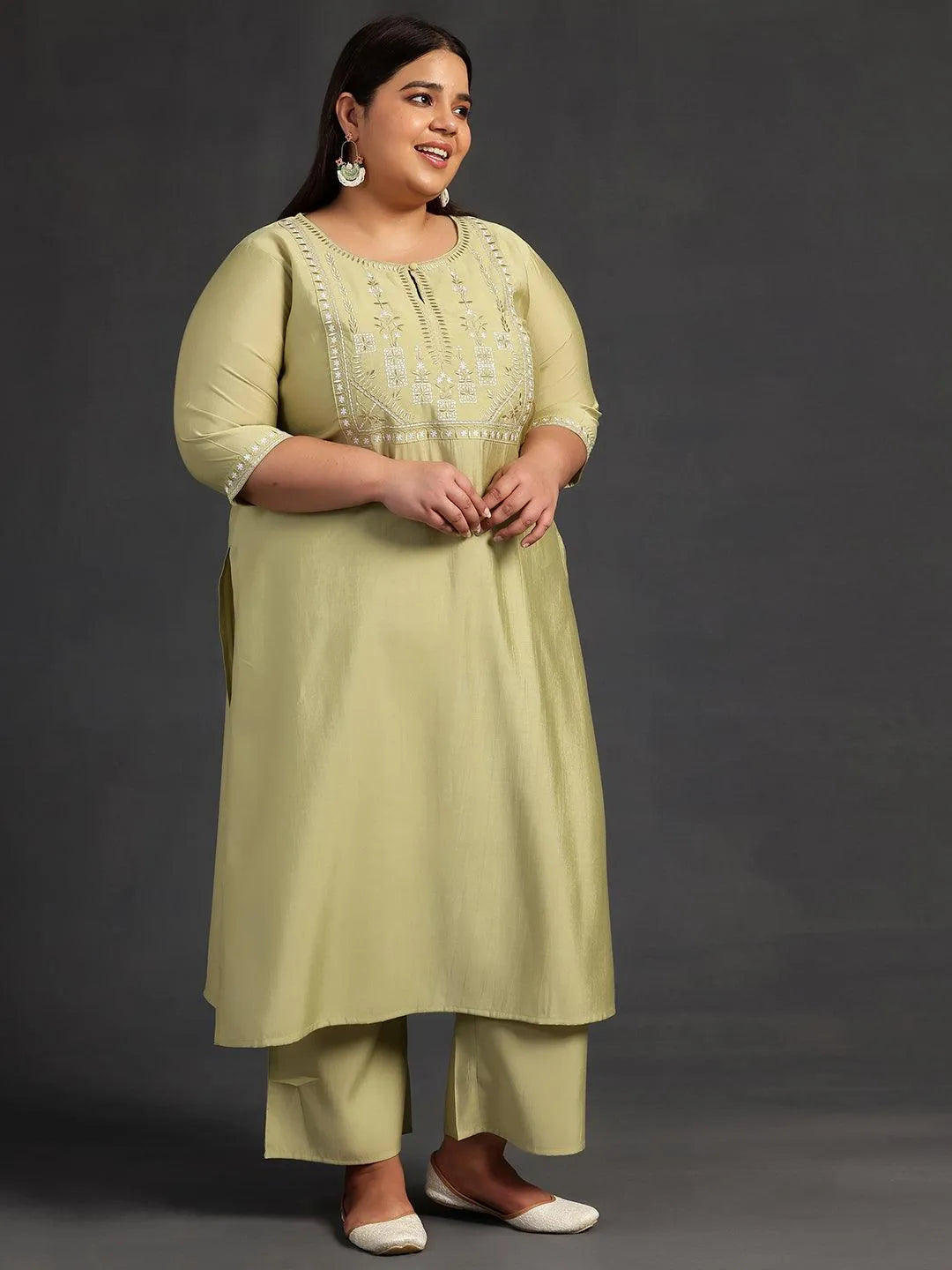 Plus Size Green Yoke Design Silk Blend Straight Suit With Dupatta - Libas 