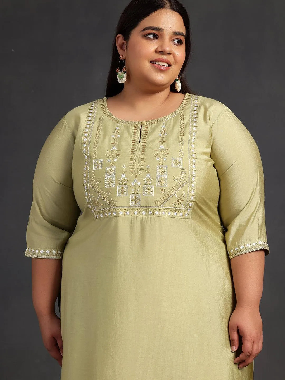 Plus Size Green Yoke Design Silk Blend Straight Suit With Dupatta - Libas 