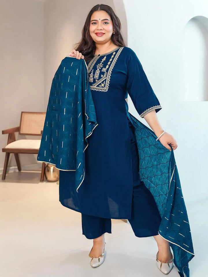 Plus Size Blue Yoke Design Silk Blend Straight Suit With Dupatta - Libas