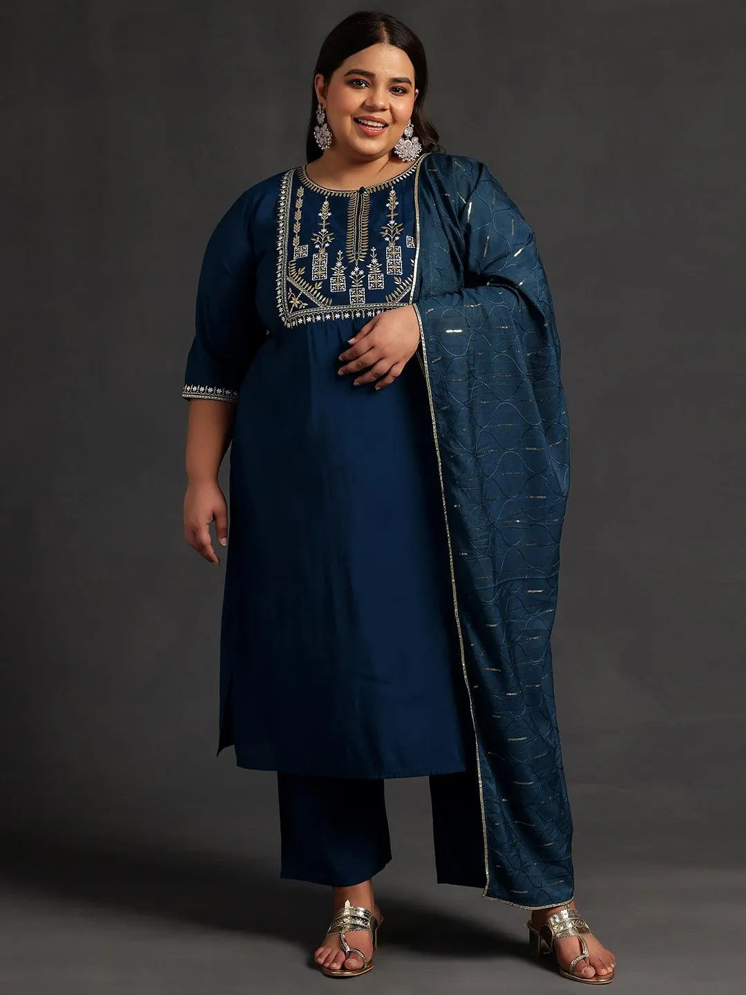 Plus Size Blue Yoke Design Silk Blend Straight Suit With Dupatta - Libas 