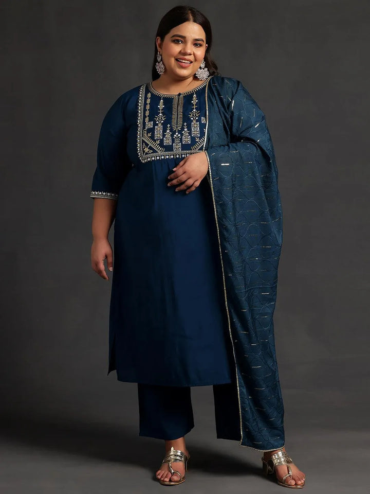 Plus Size Blue Yoke Design Silk Blend Straight Suit With Dupatta - Libas