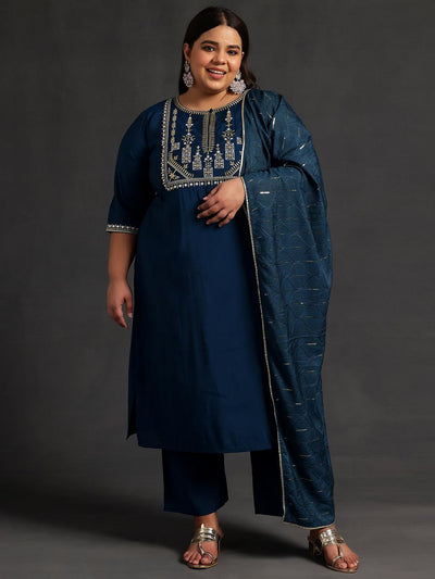 Plus Size Blue Yoke Design Silk Blend Straight Suit With Dupatta - Libas