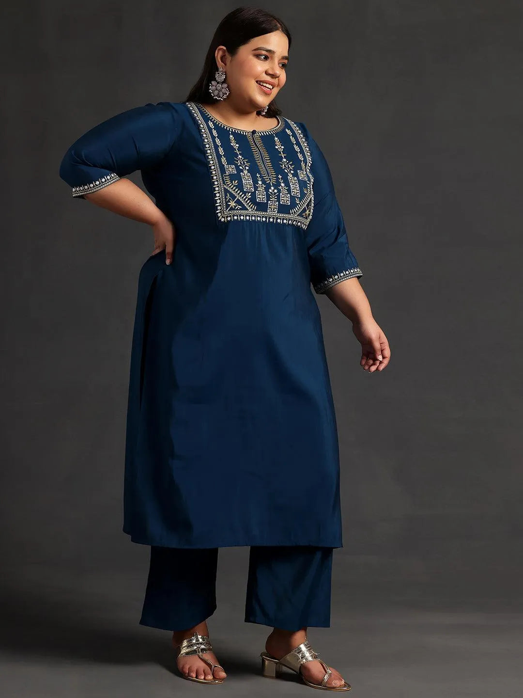 Plus Size Blue Yoke Design Silk Blend Straight Suit With Dupatta - Libas 