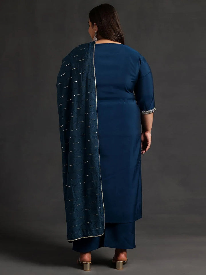 Plus Size Blue Yoke Design Silk Blend Straight Suit With Dupatta - Libas