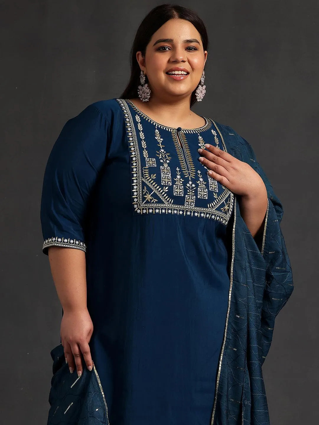 Plus Size Blue Yoke Design Silk Blend Straight Suit With Dupatta - Libas 