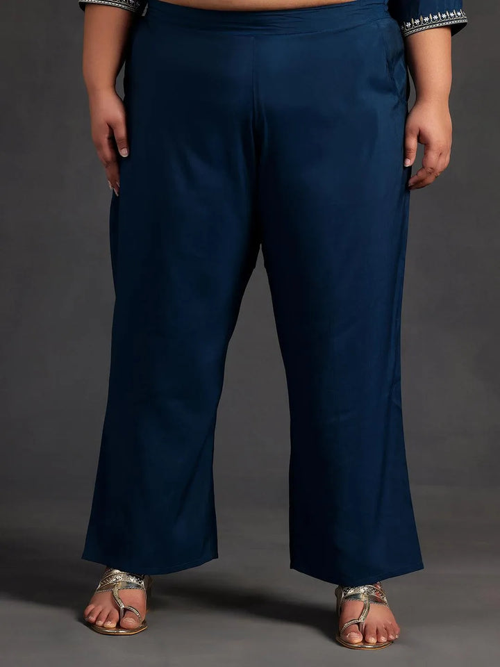 Plus Size Blue Yoke Design Silk Blend Straight Suit With Dupatta - Libas