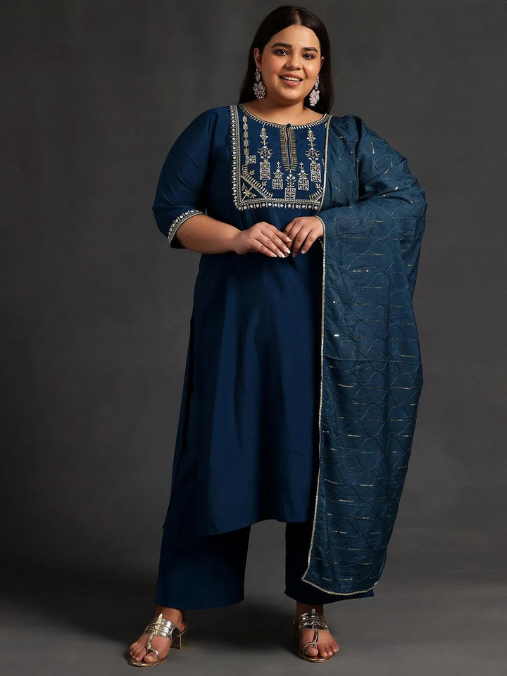 Plus Size Blue Yoke Design Silk Blend Straight Suit With Dupatta - Libas
