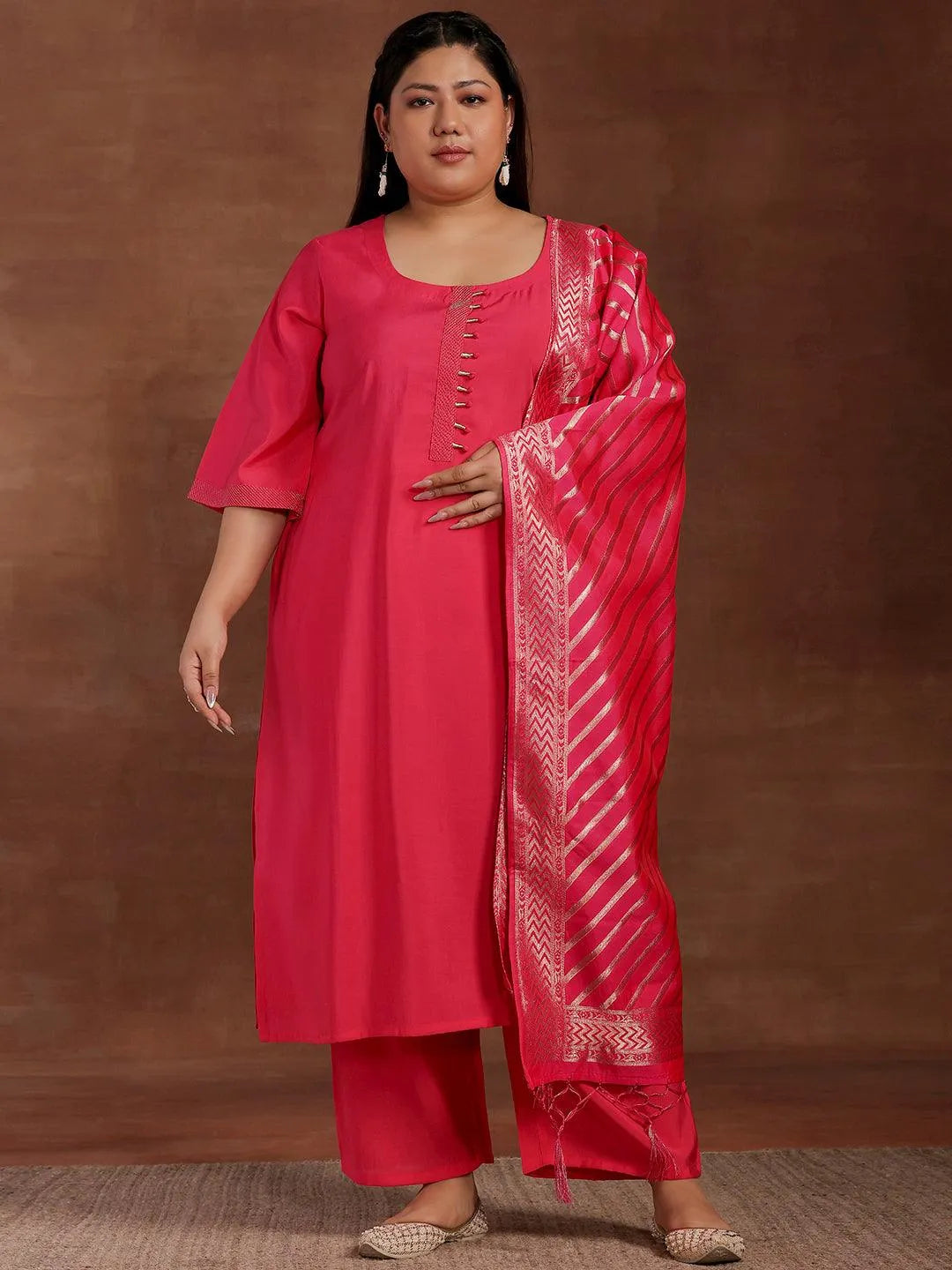 Plus Size Pink Solid Silk Blend Straight Suit With Dupatta - Libas 