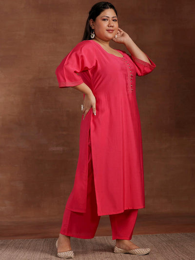 Plus Size Pink Solid Silk Blend Straight Suit With Dupatta - Libas