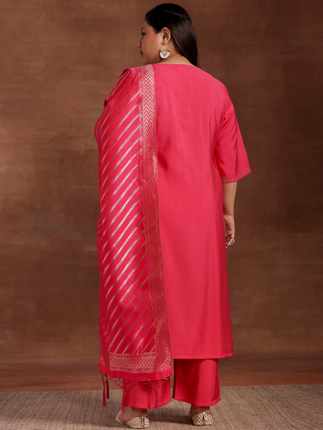 Plus Size Pink Solid Silk Blend Straight Suit With Dupatta - Libas