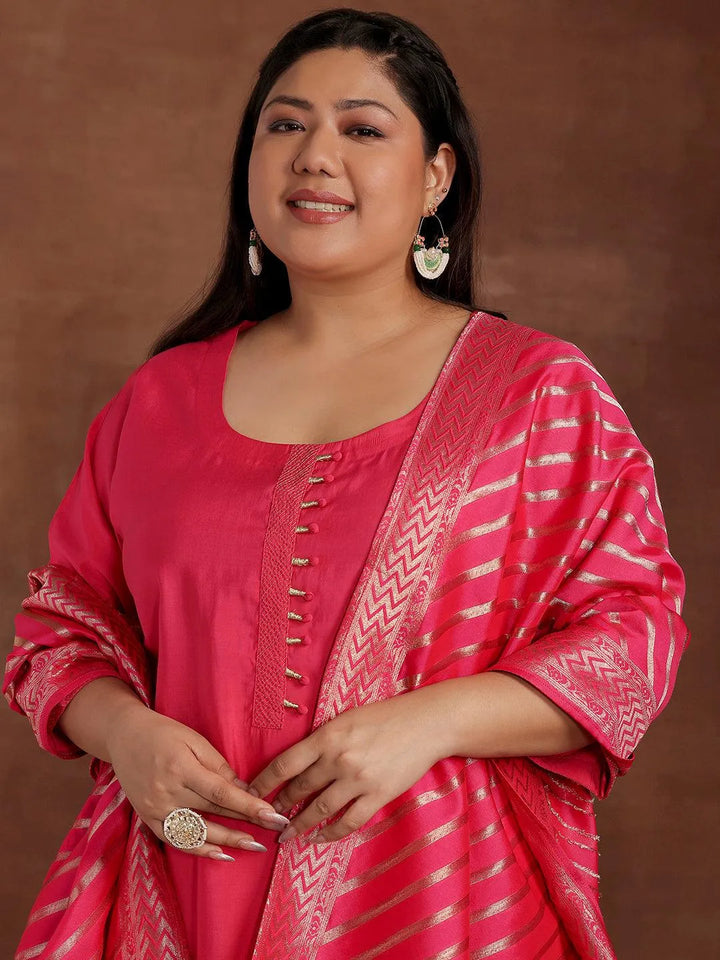 Plus Size Pink Solid Silk Blend Straight Suit With Dupatta - Libas