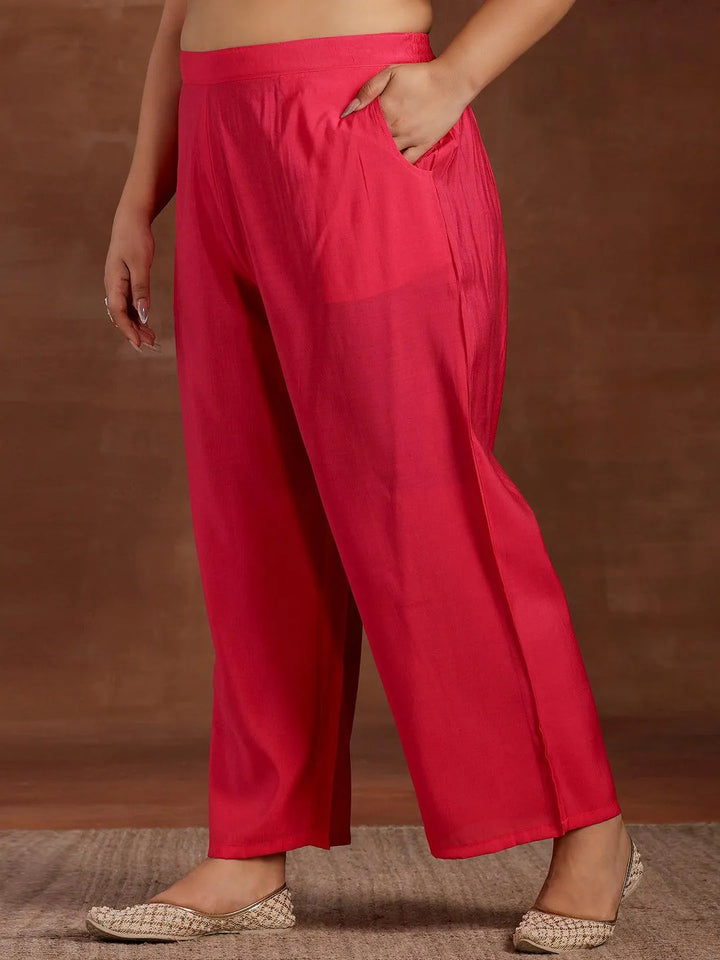 Plus Size Pink Solid Silk Blend Straight Suit With Dupatta - Libas