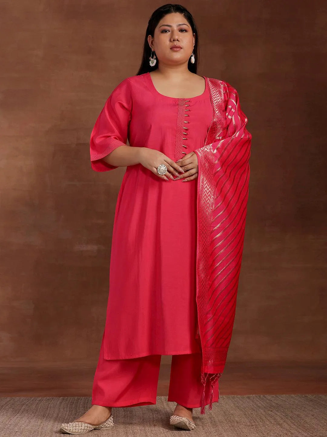 Plus Size Pink Solid Silk Blend Straight Suit With Dupatta - Libas