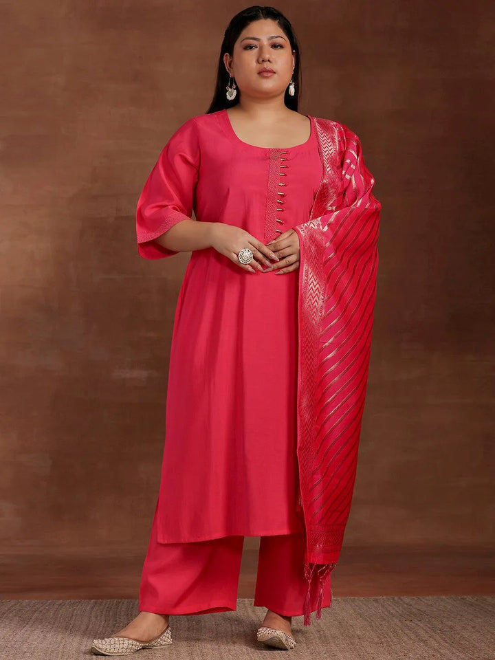 Plus Size Pink Solid Silk Blend Straight Suit With Dupatta - Libas