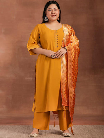 Plus Size Mustard Solid Silk Blend Straight Suit With Dupatta - Libas