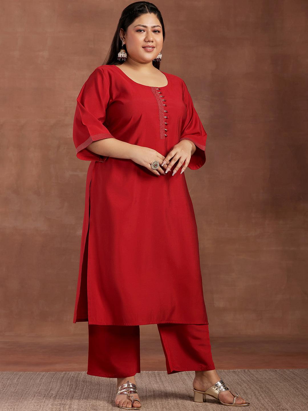 Plus Size Red Solid Silk Blend Straight Suit With Dupatta - Libas