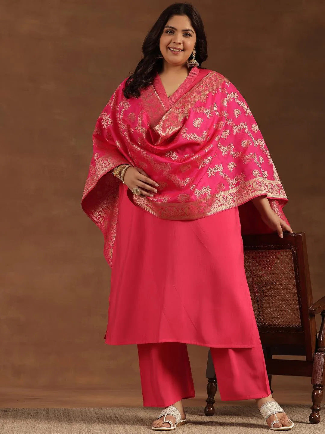 Plus Size Pink Solid Silk Blend Straight Suit With Dupatta - Libas 