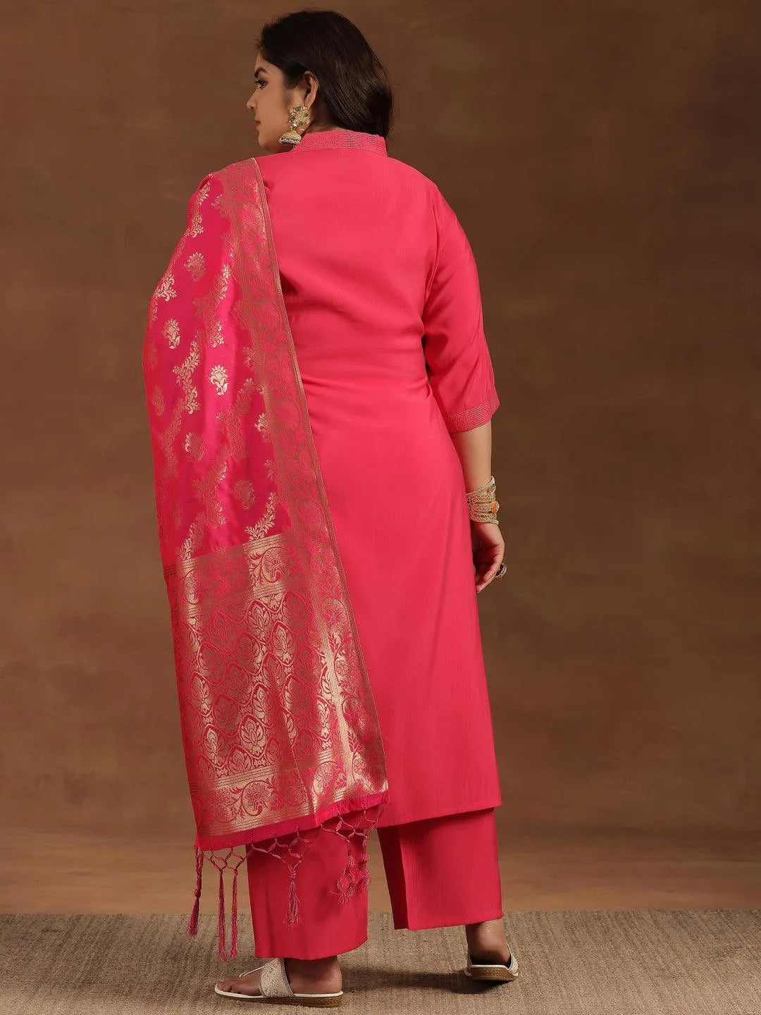 Plus Size Pink Solid Silk Blend Straight Suit With Dupatta - Libas 