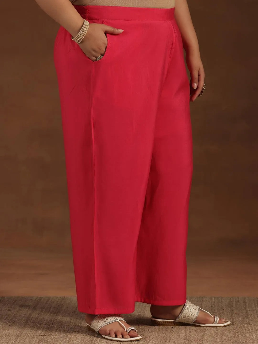 Plus Size Pink Solid Silk Blend Straight Suit With Dupatta - Libas 