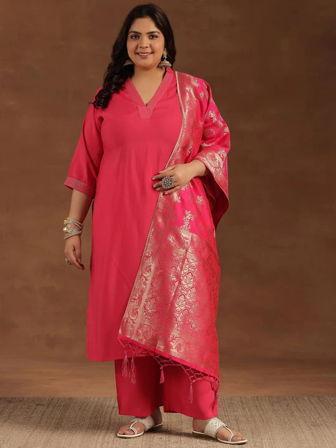 Plus Size Pink Solid Silk Blend Straight Suit With Dupatta - Libas 