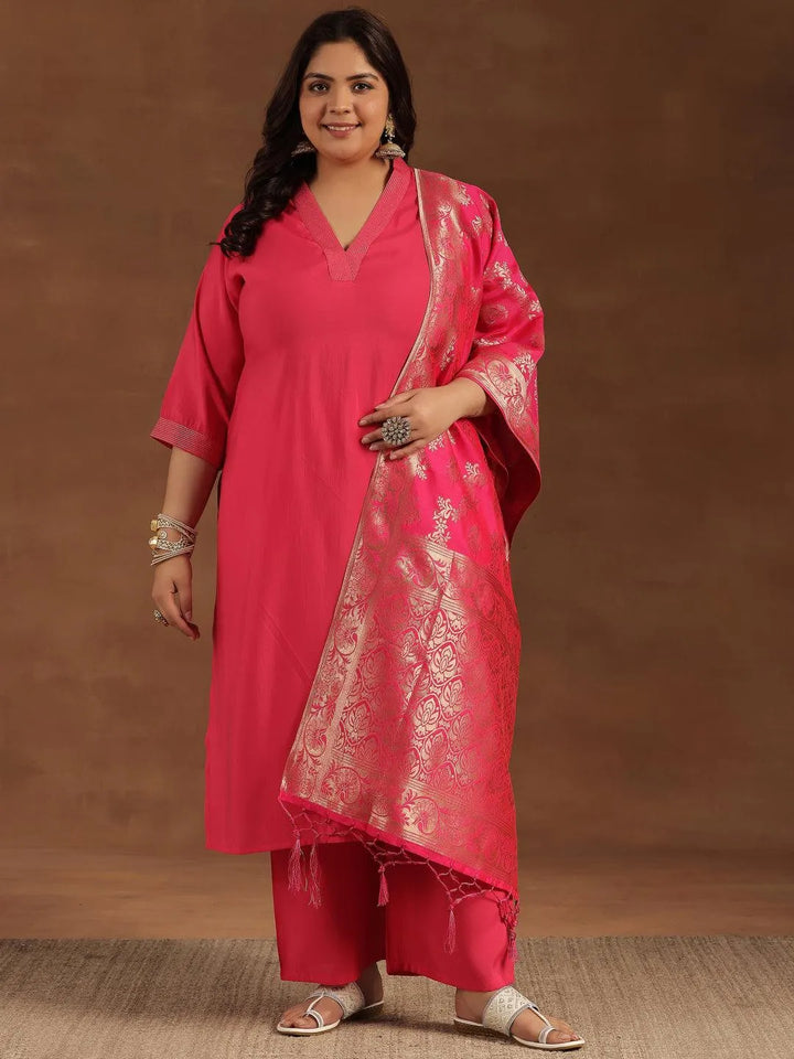 Plus Size Pink Solid Silk Blend Straight Suit With Dupatta - Libas