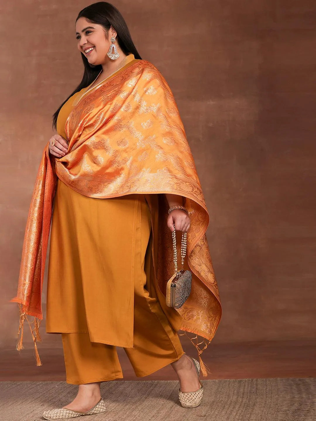 Plus Size Mustard Solid Silk Blend Straight Suit With Dupatta - Libas 